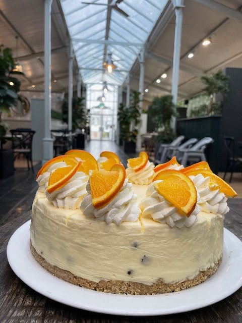 An orange and chocolate chip cheesecake decorated with orange slices